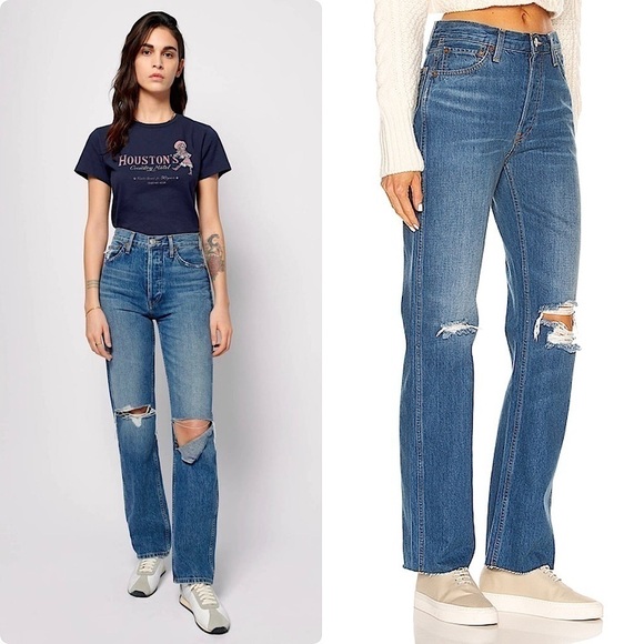 NWT RE/DONE 90s High Rise Distressed Denim Ripped Knee Straight Leg Jeans 26 - Picture 1 of 16